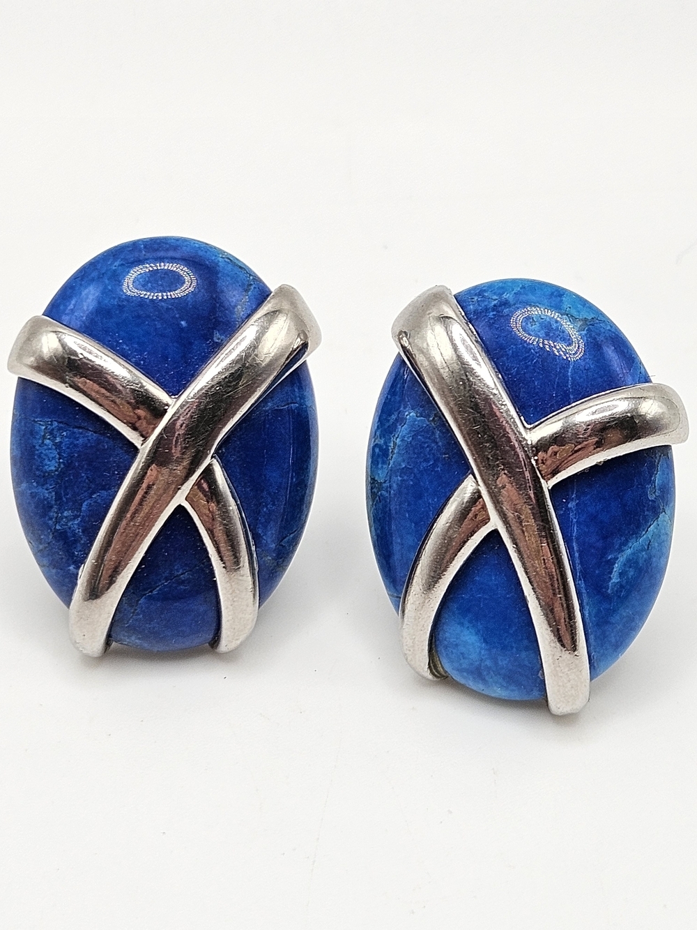 VINTAGE Blue Lapis Lazuli Oval Silver Tone Crisscross Statement Earrings Clip On